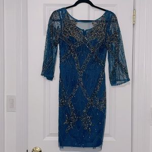 Aidan Mattox Teal & Gold Beaded 3/4 Sleeve Dress - size 4
